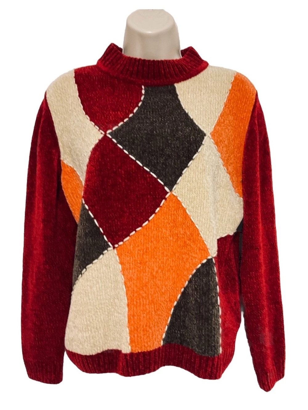 Alfred dunner Red orange Multicolor Patchwork Cozy Knit Sweater PM